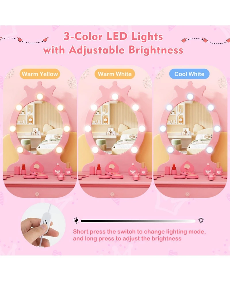 Gouun Kids Vanity Set with Led Lighted Mirror and Adjustable Brightness