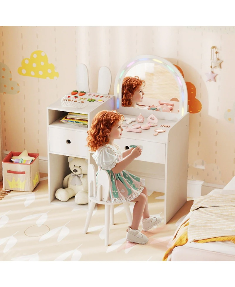 Gouun Kids Vanity Desk and Chair Set with Colorful Lights and Open Shelves