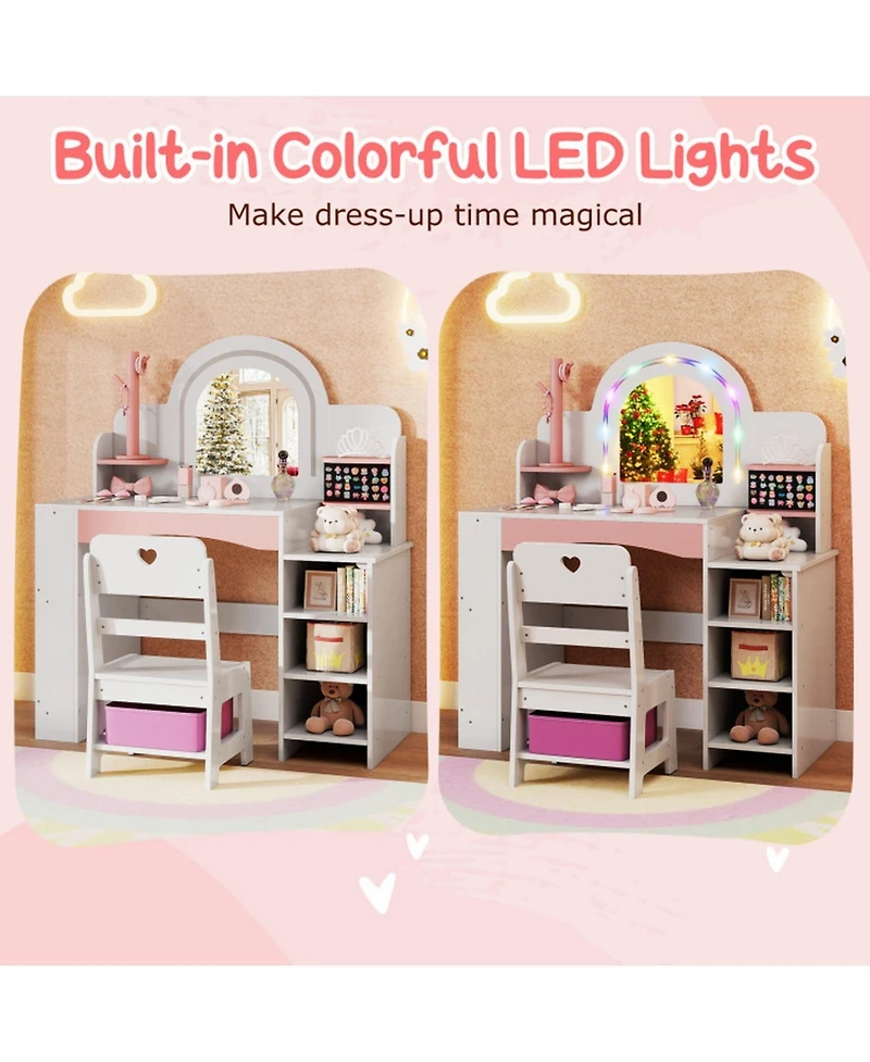 Gouun Kids Vanity Set with Led Lights and Makeup Dressing Table with Chair