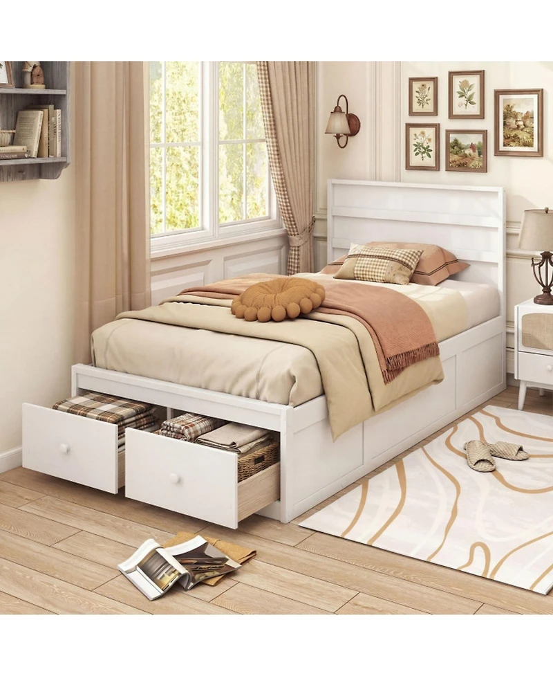 Gouun Twin Solid Wood Platform Bed Frame with Storage Drawers and Headboard