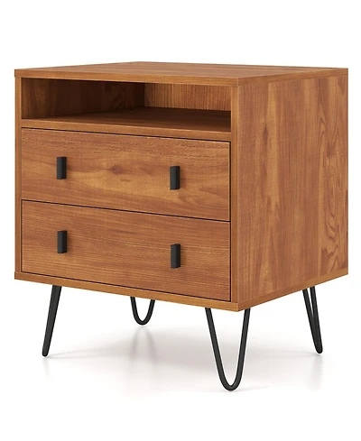 Gouun Mid-Century Modern 2-Drawer Nightstand with Open Storage Compartment