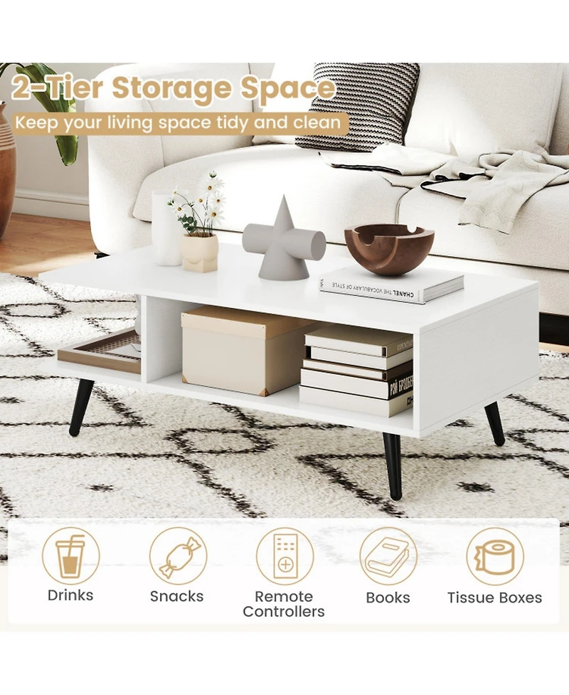 Gouun 31.5 in Mid-Century Modern 2-Tier Coffee Table with Open Compartments