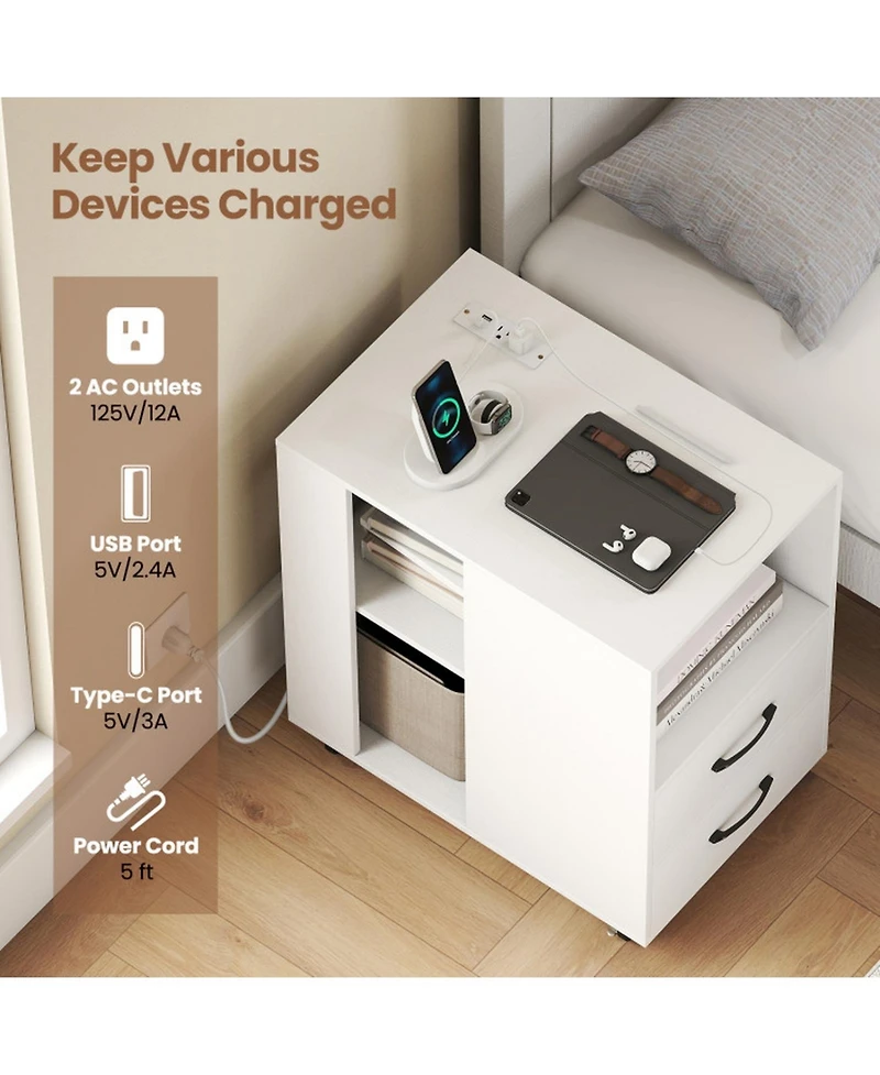 Gouun End Table with Built-In Charging Station, 2 Drawers and Locking Wheels