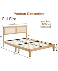 gaomon Rattan Bed Frame Bohemian Headboard Led Lights No Box Spring Easy Assembly Space-Saving