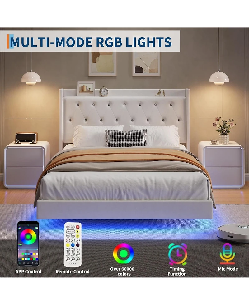 gaomon Floating Bed Frame Led Lights Velvet Upholstered Platform Storage Headboard No Box Spring Noise-Free