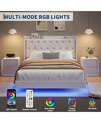 gaomon Floating Bed Frame Led Lights Velvet Upholstered Platform Storage Headboard No Box Spring Noise-Free