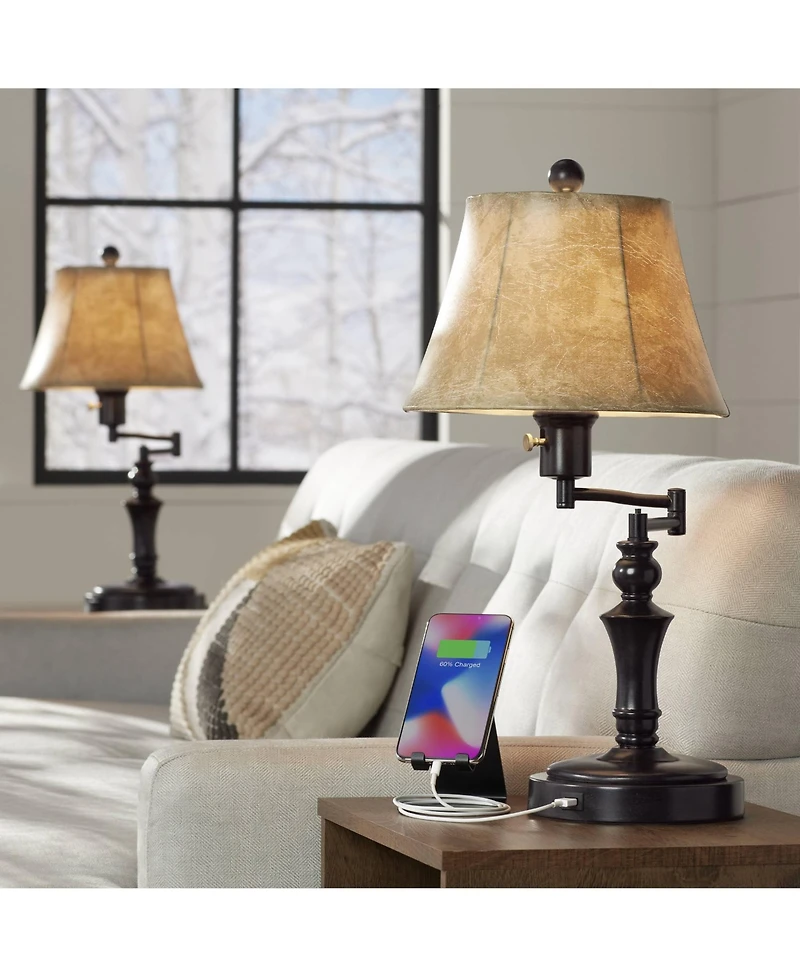 Regency Hill Traditional Swing Arm Desk Table Lamps 21.75" High Set of 2 with Usb Port Bronze Metal Faux Leather Shade for Living Room Bedroom
