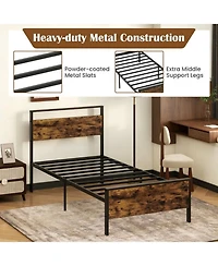 Gouun Twin Metal and Wood Platform Bed Frame with Headboard and Industrial Design