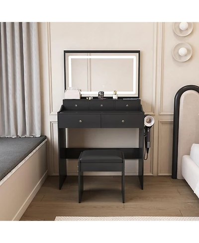 Rainsken Mirror Vanity Desk, Makeup Vanity Set with 5 Drawers, Power Outlet