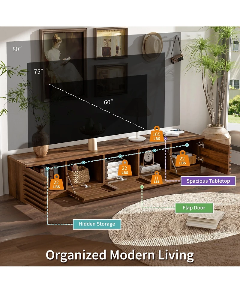 Rainsken 70 Inch Modern Tv Stand for TVs, Media Console with Fluted Details, Flip-Down Center Door and Side Cabinets for Living Room