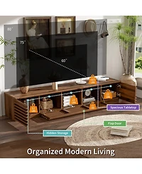 Rainsken 70 Inch Modern Tv Stand for TVs, Media Console with Fluted Details, Flip-Down Center Door and Side Cabinets for Living Room