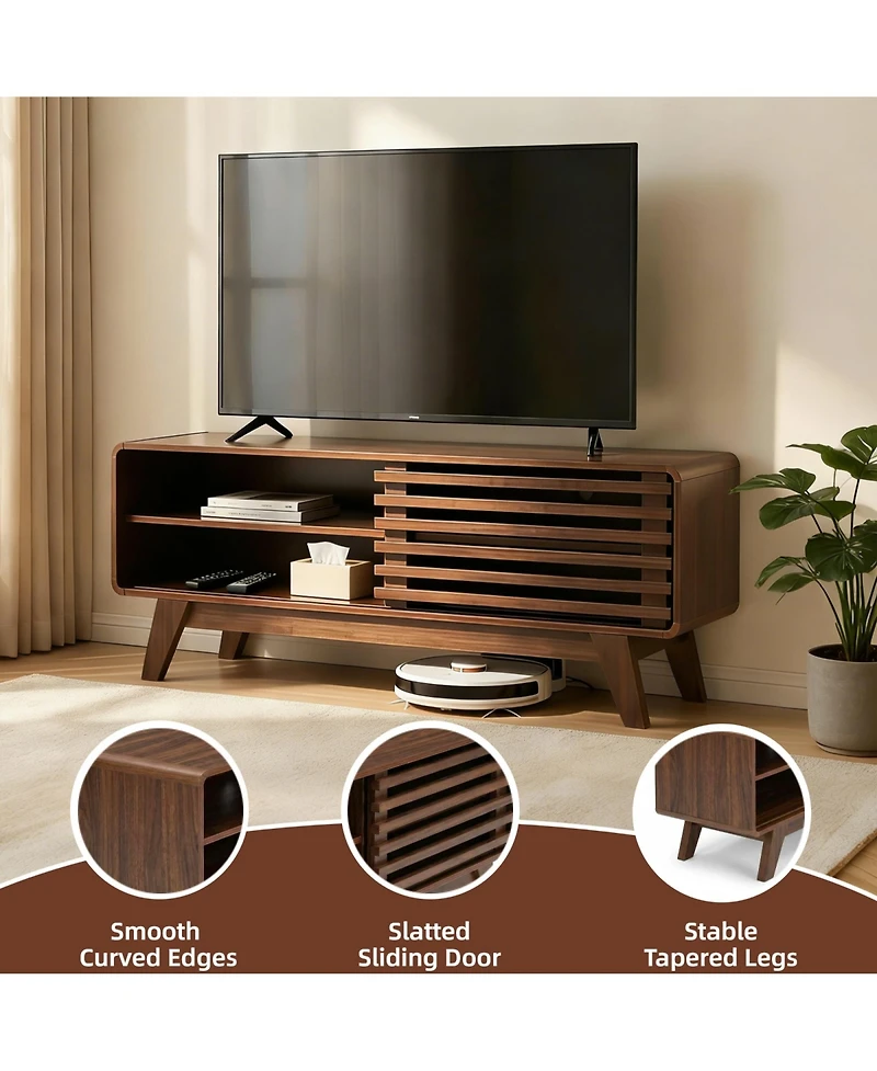 Rainsken Tv Stand with Slatted Sliding Door, Mid Century Modern Media Console Table for 50 Inch Tv, Entertainment Center for Living Room