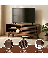 Rainsken Tv Stand with Slatted Sliding Door, Mid Century Modern Media Console Table for 50 Inch Tv, Entertainment Center for Living Room