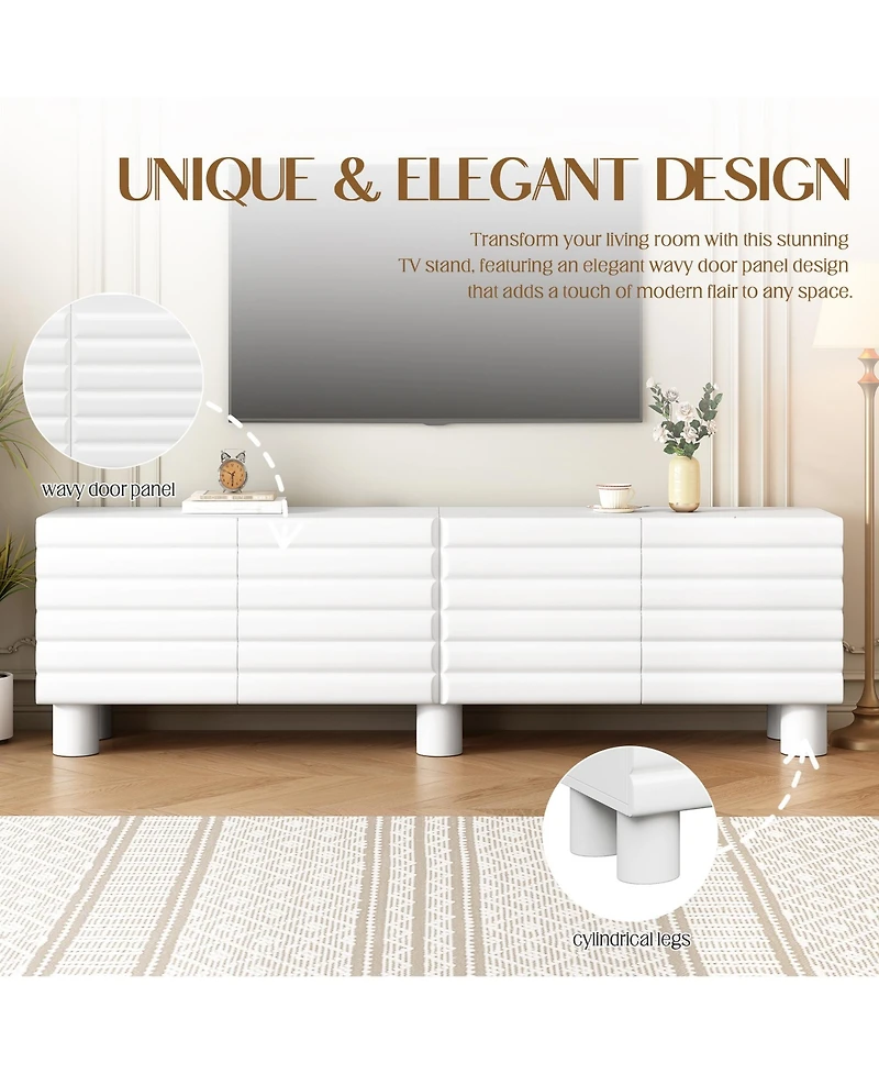 Rainsken Wavy Door Tv Stand for TVs , Modern Media Console Table with 4 Storage Cabinets and Adjustable Shelves for Living Room