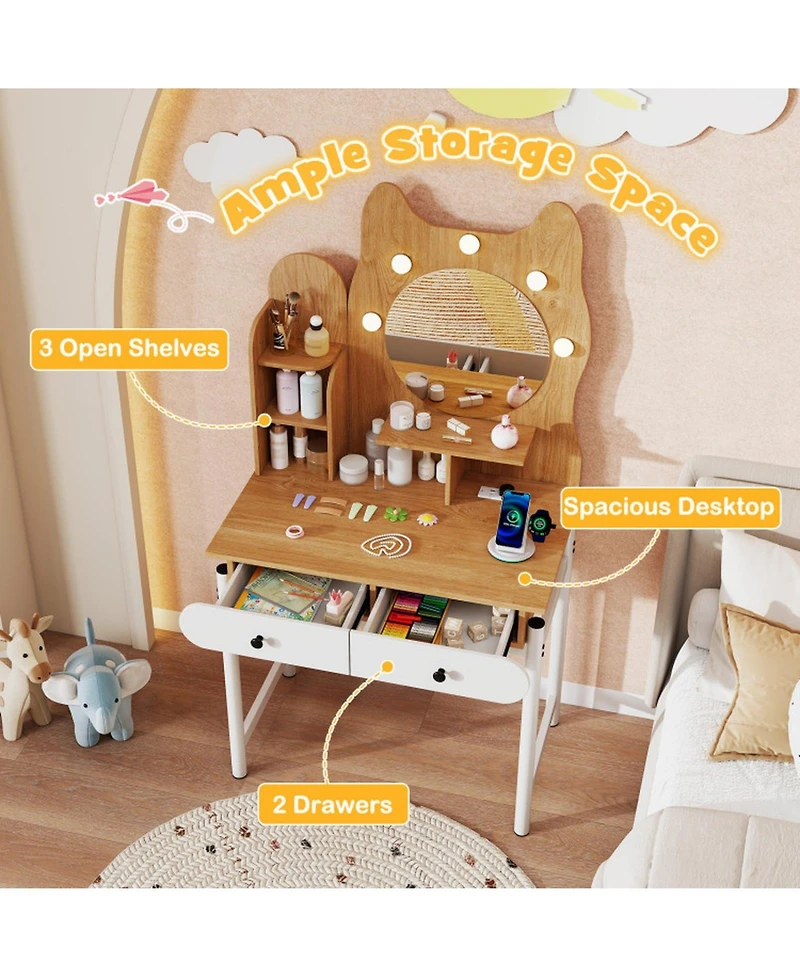 Gouun Small Vanity Desk with Round Lighted Mirror and Power Outlets