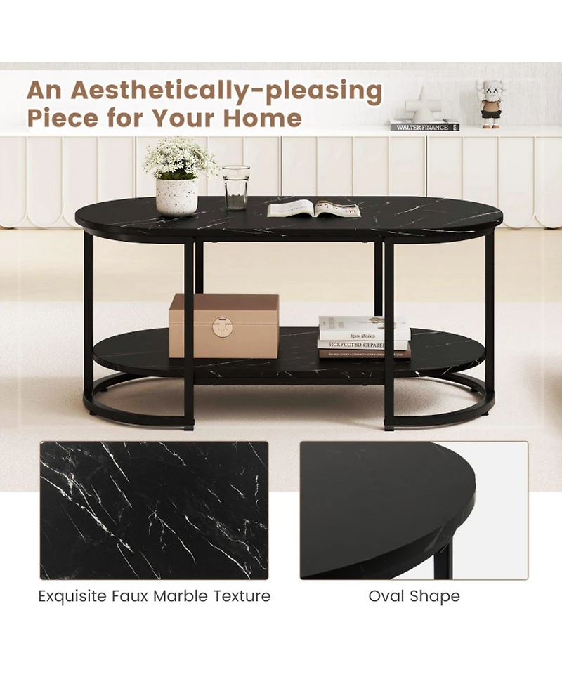 Gouun 39.5 in Faux Marble 2-Tier Coffee Table with Metal Frame