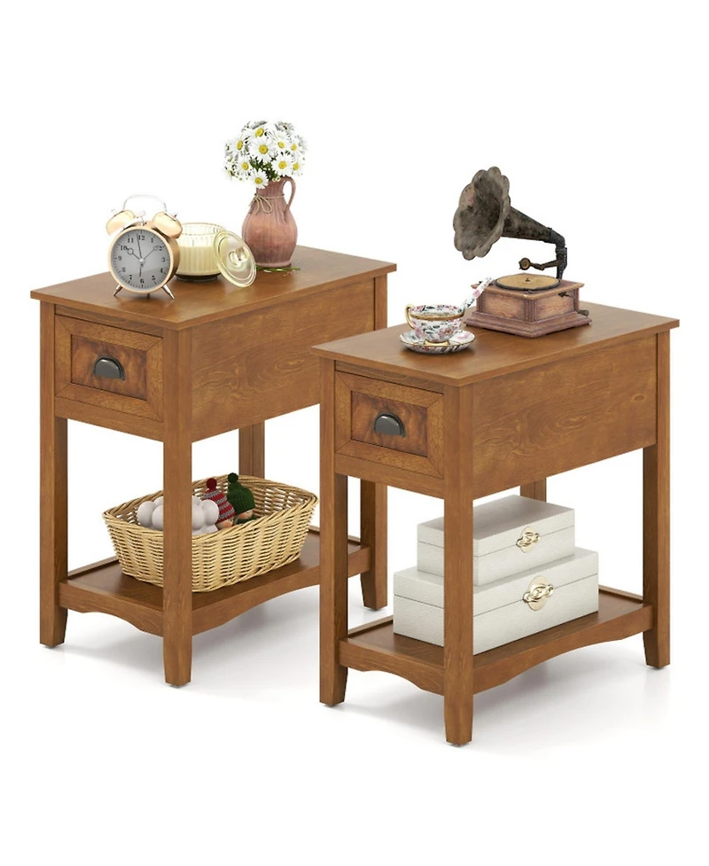Gouun Set of 2 Retro Narrow End Tables with Drawer and Open Shelf