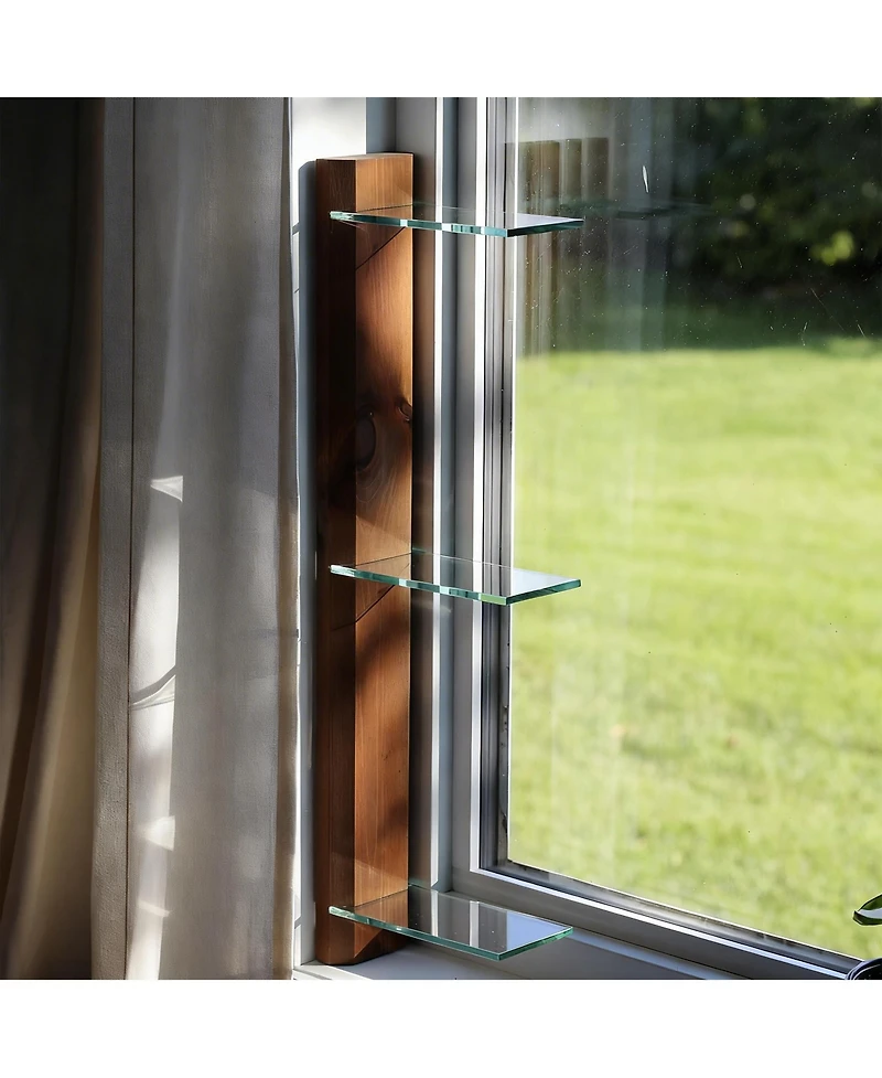 Yigii 3 Tiered Window Sill Plant Shelf Wood Glass Renter Friendly No Drill Indoor Stand