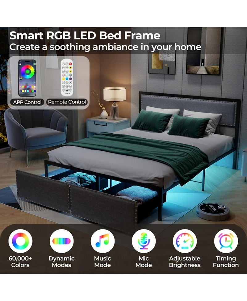 Gouun Queen Metal Platform Bed Frame with Led Lights and Storage Drawers