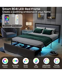 Gouun Queen Metal Platform Bed Frame with Led Lights and Storage Drawers