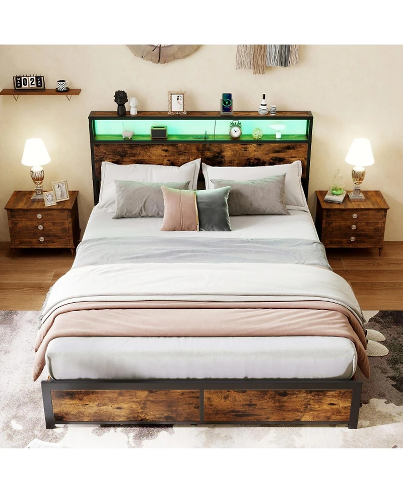 Gouun Queen Metal and Wood Bed Frame with Led Lights and Charging Station and Storage Drawers