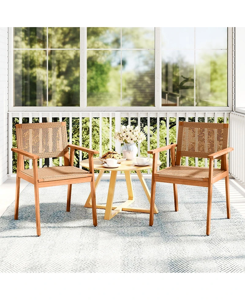 Sugift Acacia Wood Patio Dining Chairs Set of Two with Rattan Design