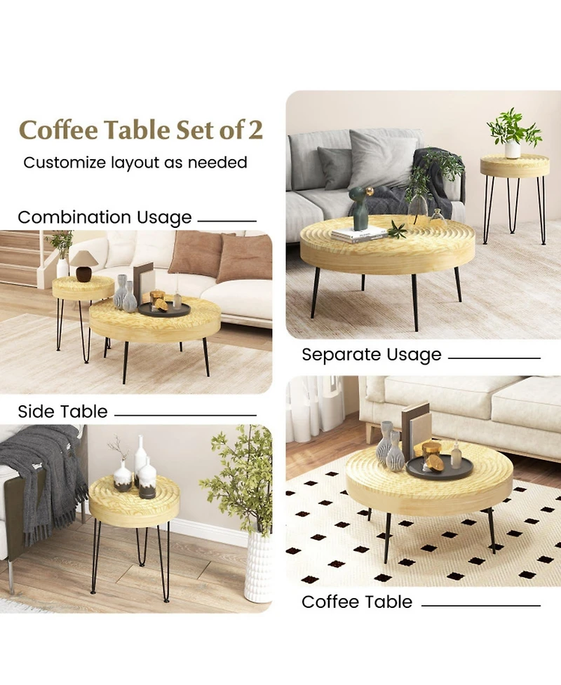 Gouun Set of 2 Solid Pine Wood Farmhouse Round Nesting Coffee Tables