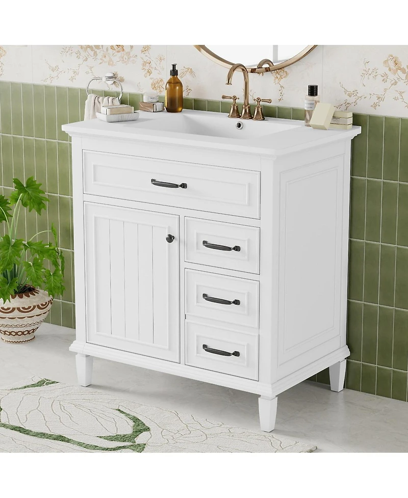 Sillysis 30 Inch Bathroom Vanity with Ceramic Sink, Solid Wood Freestanding Cabinet with Flip Drawer and Soft-Close Door