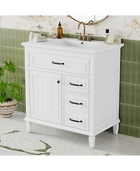 Sillysis 30 Inch Bathroom Vanity with Ceramic Sink, Solid Wood Freestanding Cabinet with Flip Drawer and Soft-Close Door
