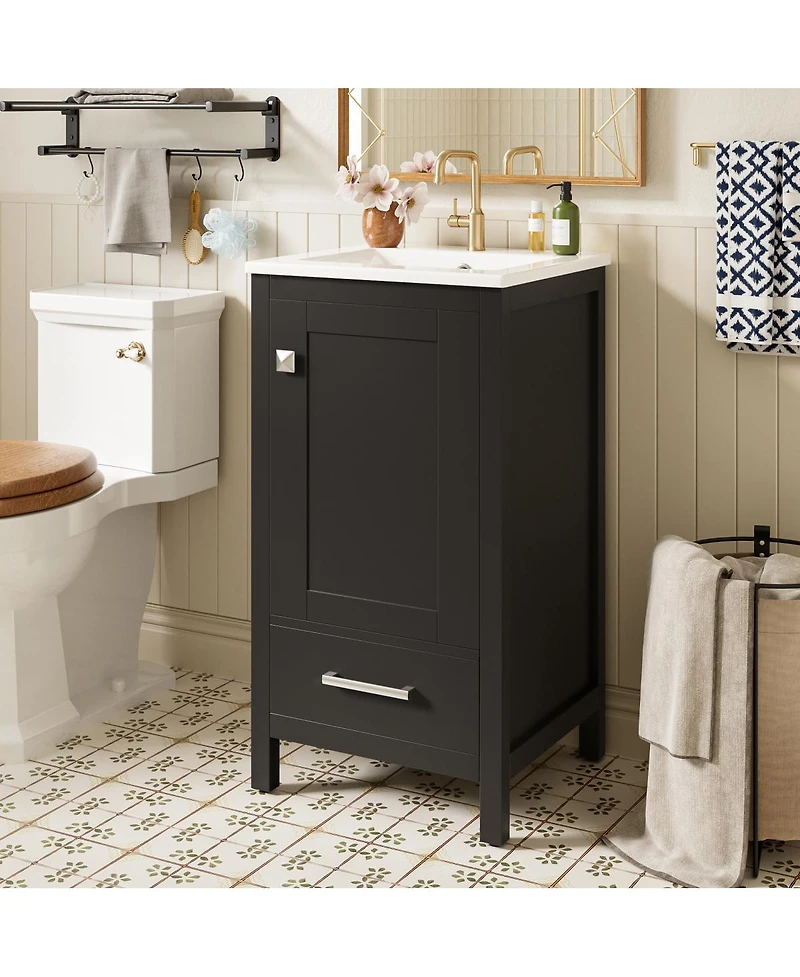 Sillysis 18 Inch Bathroom Vanity with Ceramic Sink, Soft Close Storage Drawer and Door, Freestanding Cabinet for Small Spaces