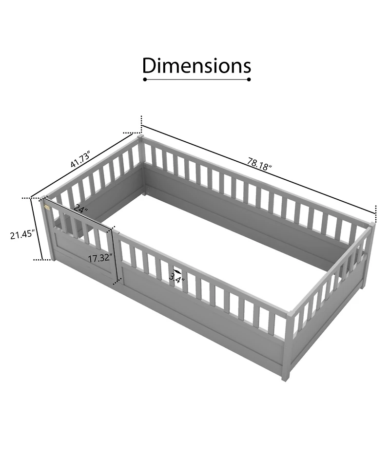 flynama Twin Size Montessori Wooden Floor Bed With High Security Barrier And Door For Kids Bedroom