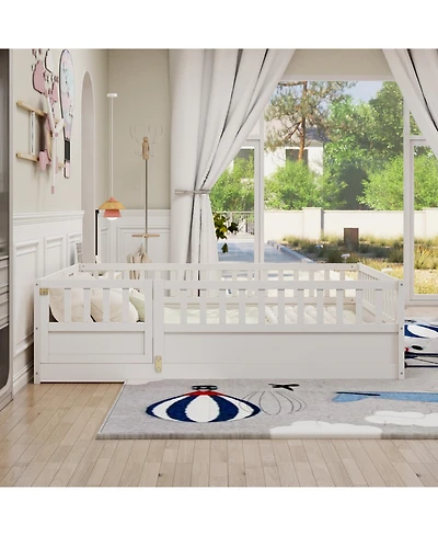 flynama Full Size Montessori Wooden Floor Bed With Support Slat High Barrier And Door For Kids