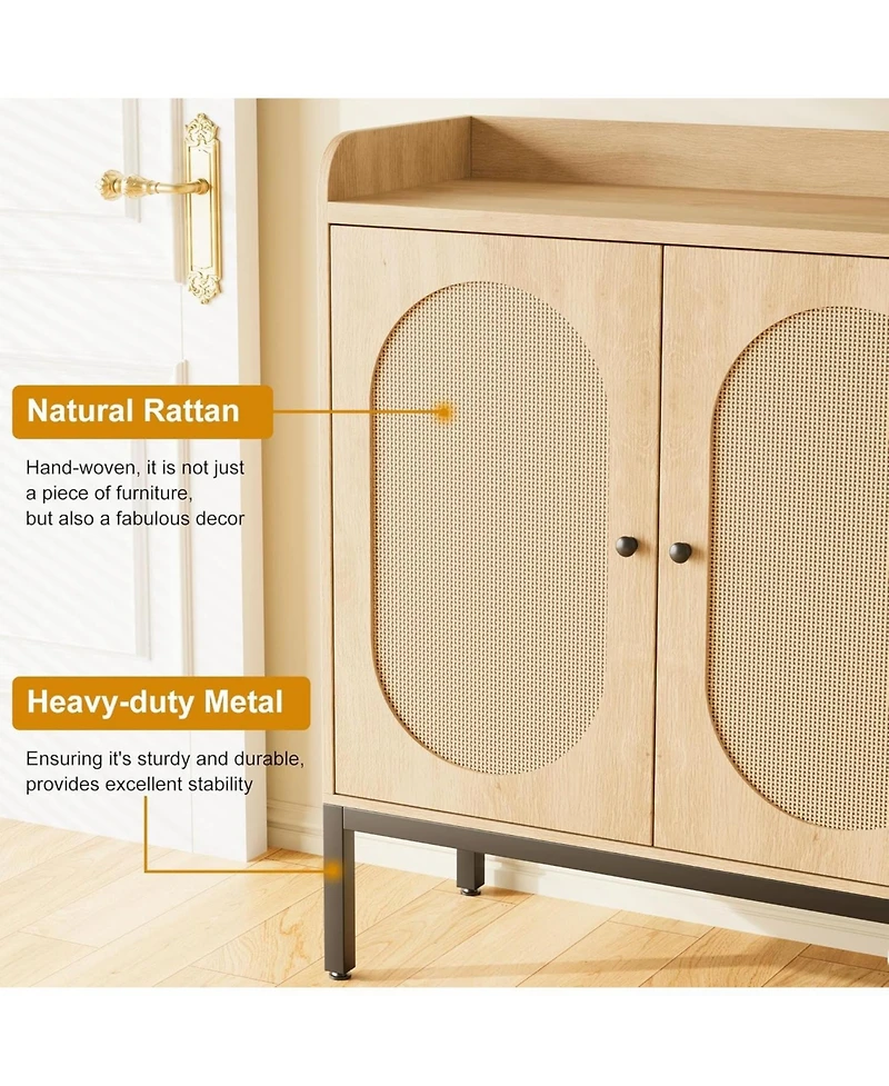gaomon Oak Rattan 3-Door Shoe Cabinet - 8-Tier Adjustable Shelves Freestanding Large Entryway Storage