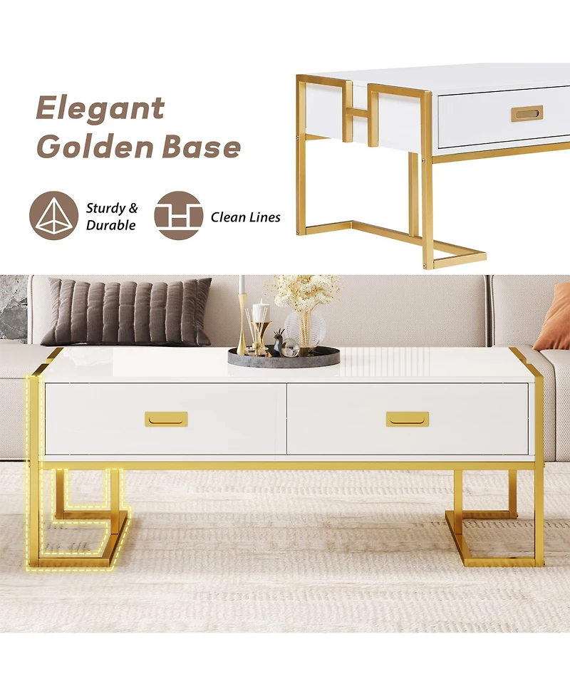 Rainsken Rectangular Coffee Table, Modern 47.4" Center Table with 4 Drawers and Gold Metal Base for Living Room