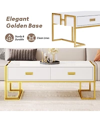 Rainsken Rectangular Coffee Table, Modern 47.4" Center Table with 4 Drawers and Gold Metal Base for Living Room