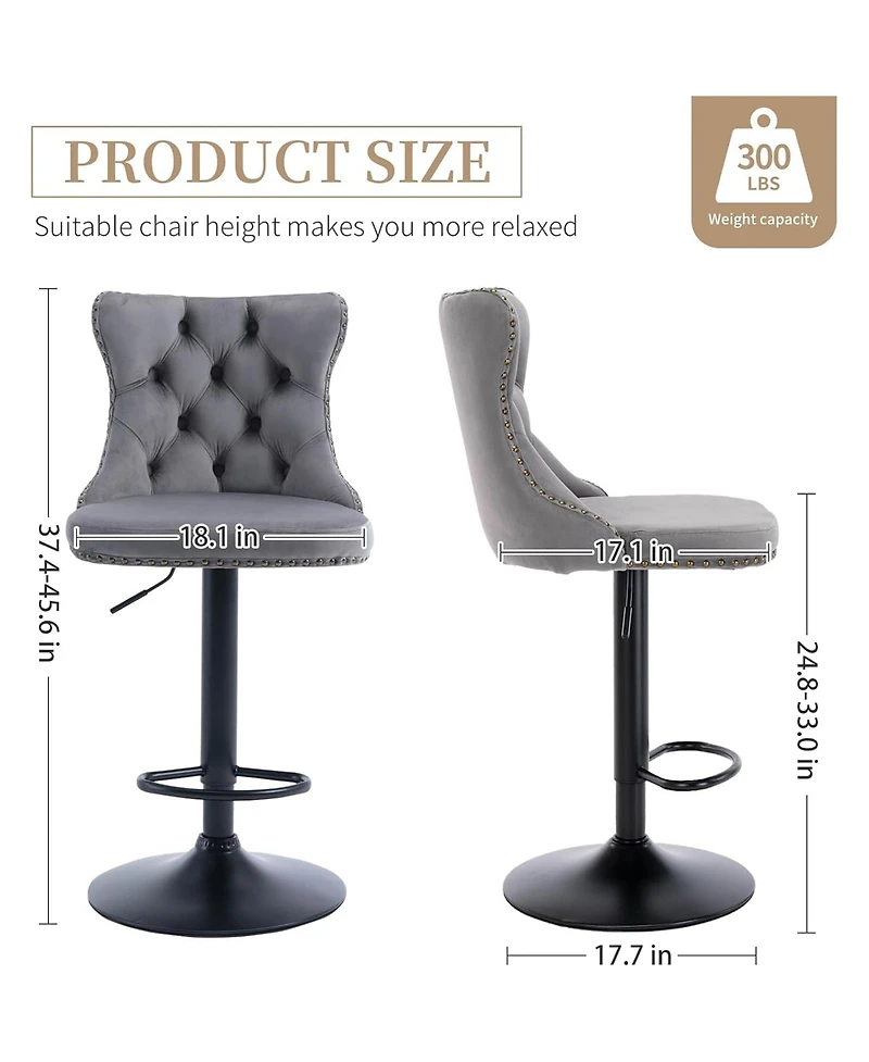 Rainsken Velvet Bar Stools Set Adjustable Swivel Counter Height Chairs Footrest and Nailhead Trim for Home Pub