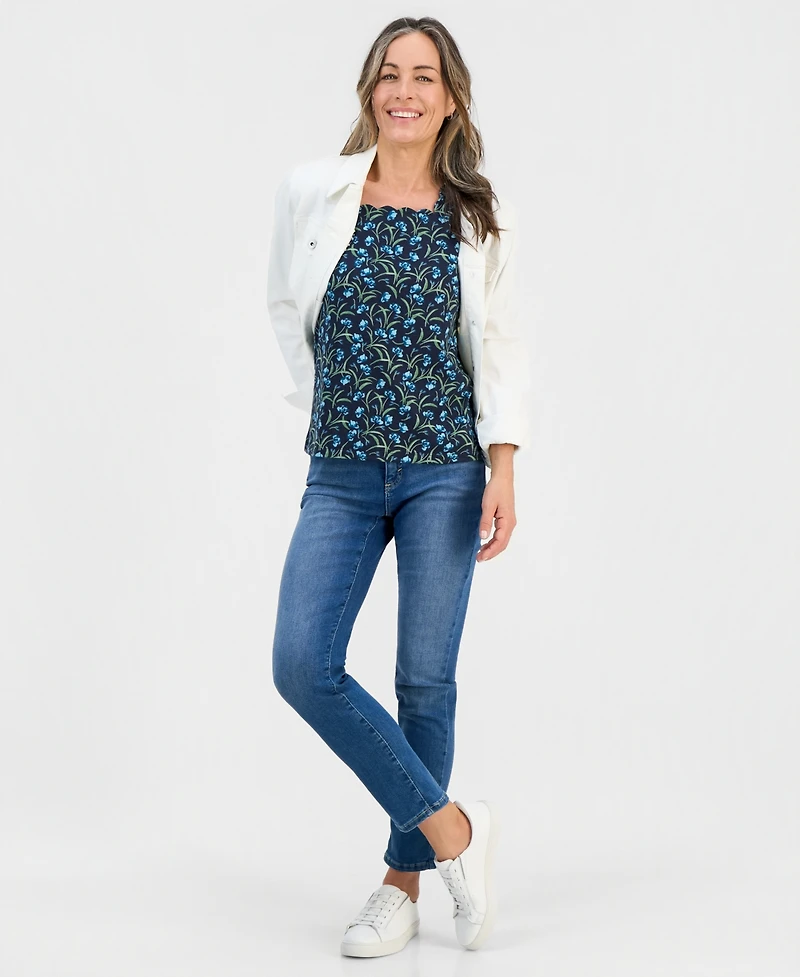Style & Co Petite Flower Field Elbow-Sleeve Scalloped Square-Neck Top, Macy's Exclusive
