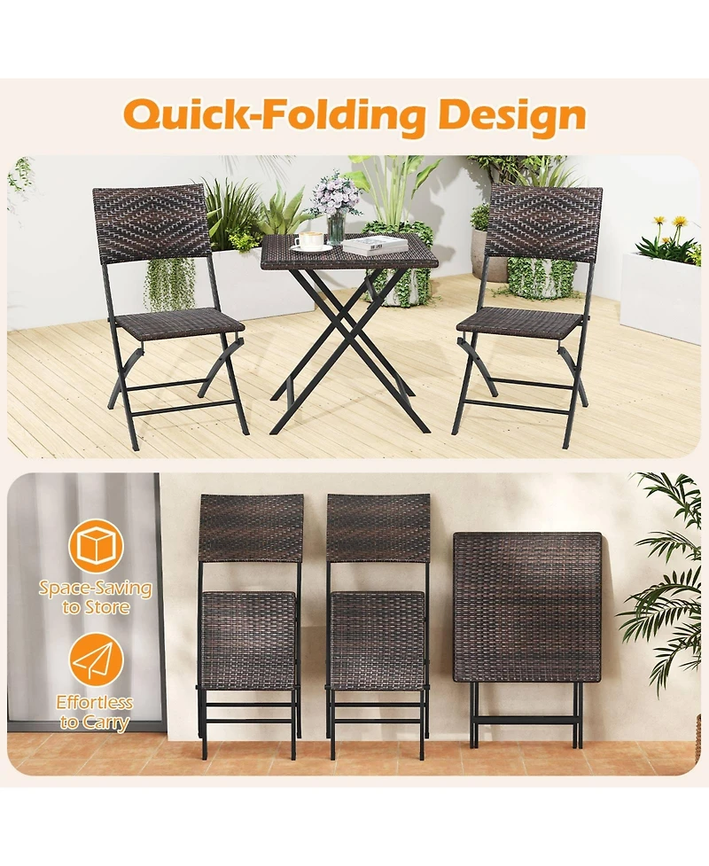 Sugift 3 Piece Rattan Bistro Set Outdoor Folding Dining Table and Chairs with Wicker Seat