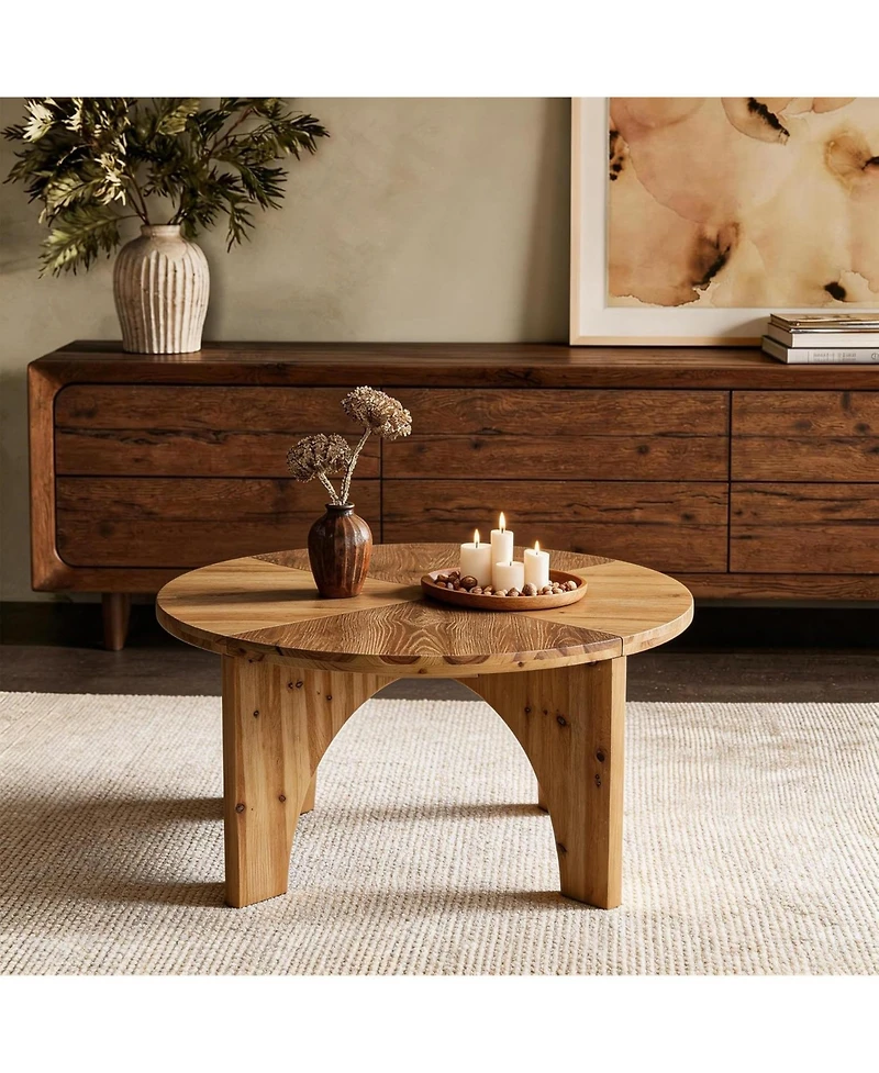Tribesigns Solid Wood Round Coffee Table, Farmhouse Center Table with Curved Legs, Circle Cocktail Tea Table