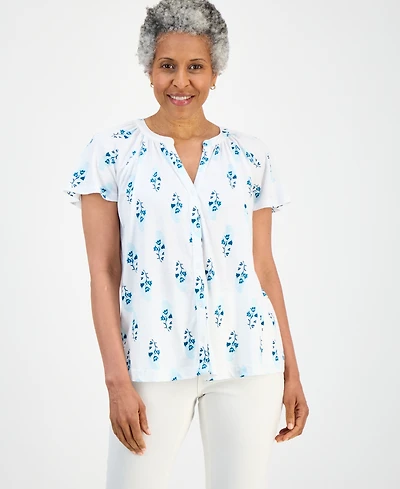 Style & Co Petite Printed Button-Front Short-Sleeve Top, Macy's Exclusive