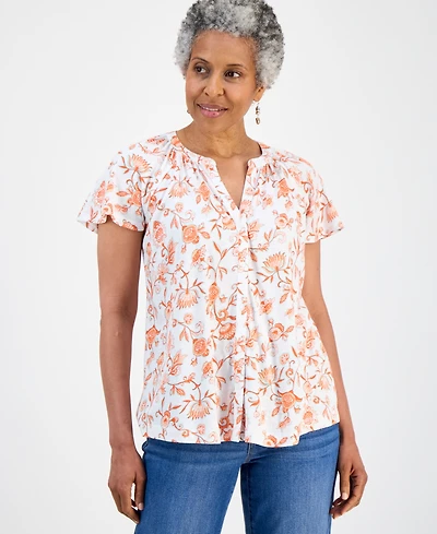 Style & Co Petite Printed Button-Front Flutter-Sleeve Top, Macy's Exclusive