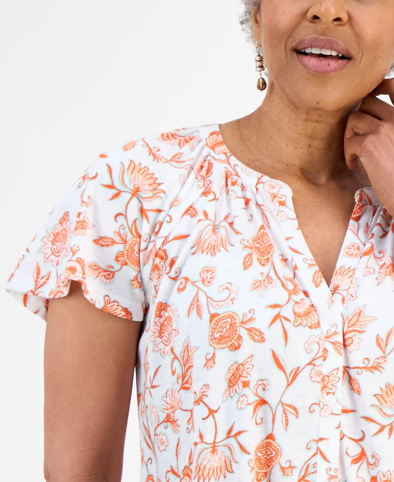Style & Co Petite Printed Button-Front Flutter-Sleeve Top, Macy's Exclusive