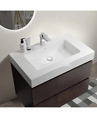 Thirtypeachy 30" Walnut Melamine Floating Vanity With Basin Sink, 3 Soft-Close Drawers Handle-Free, Pre-Assembled