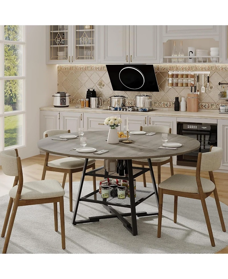gaomon Dining Room Round Table Set for 4-6, Circle Kitchen Dining Table with Metal Base, 42 Inch Wooden Round DiningTable, Wood Kitchen Tables