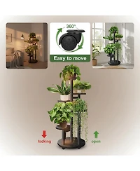 Yigii 5 Tiered Wood Plant Stand Indoor with Wheels Multi-Tier Flower Pot Holder for Living Room Balcony Garden