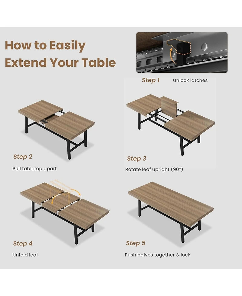 gaomon 63-83" Extendable Dining Table, Industrial Rectangular Dining Room Table for 6-8 People, Expandable Kitchen Table with Heavy Duty Metal Frame