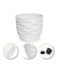 LuxenHome 17.4-Inch Round Waves MgO Planter, White