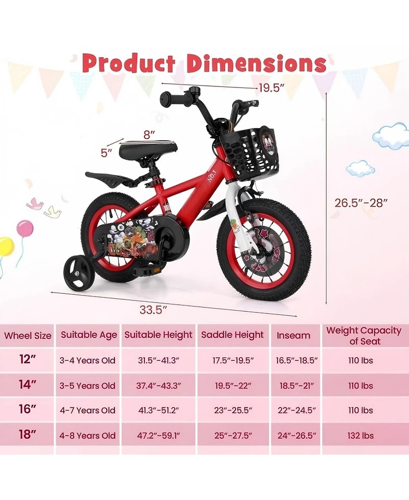 Hongge 12 Inch Kids Bike Adjustable with Storage Basket and Double Brake for 3-4 Years Old