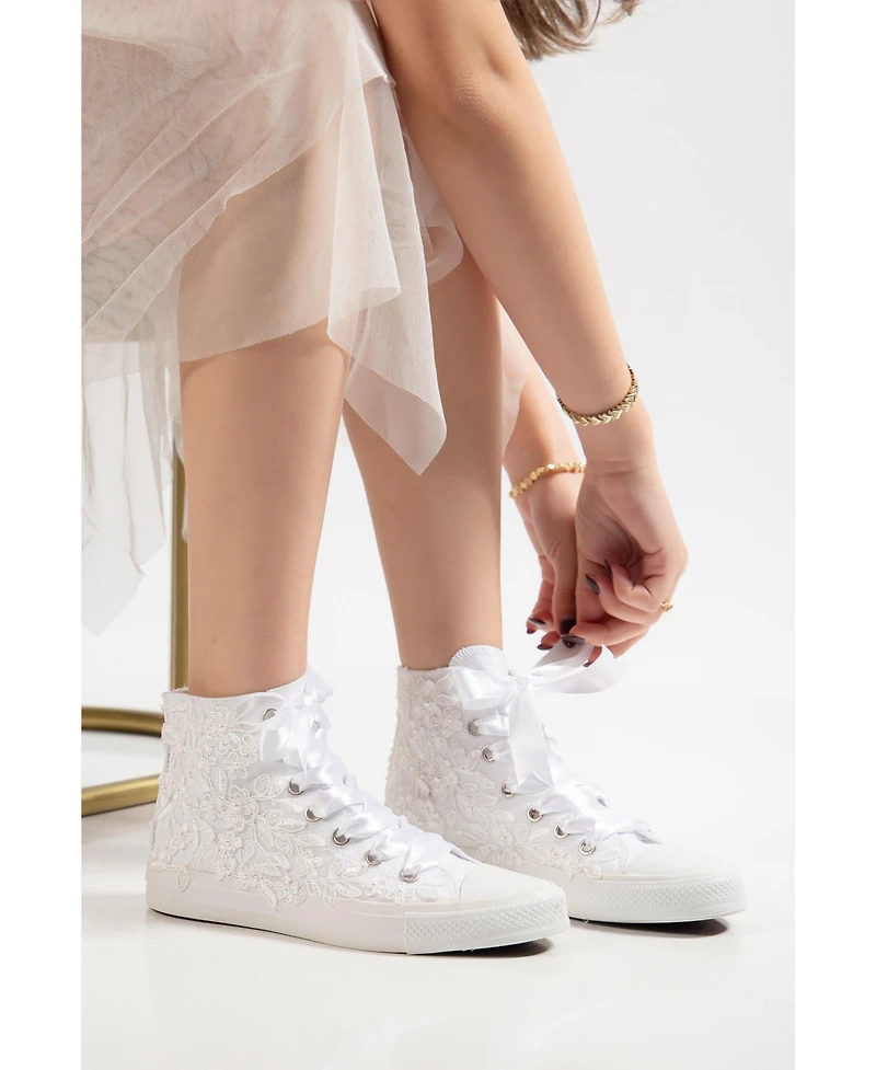 Forever & Always Shoes Women's Isolde Lace High Top Bridal Sneaker