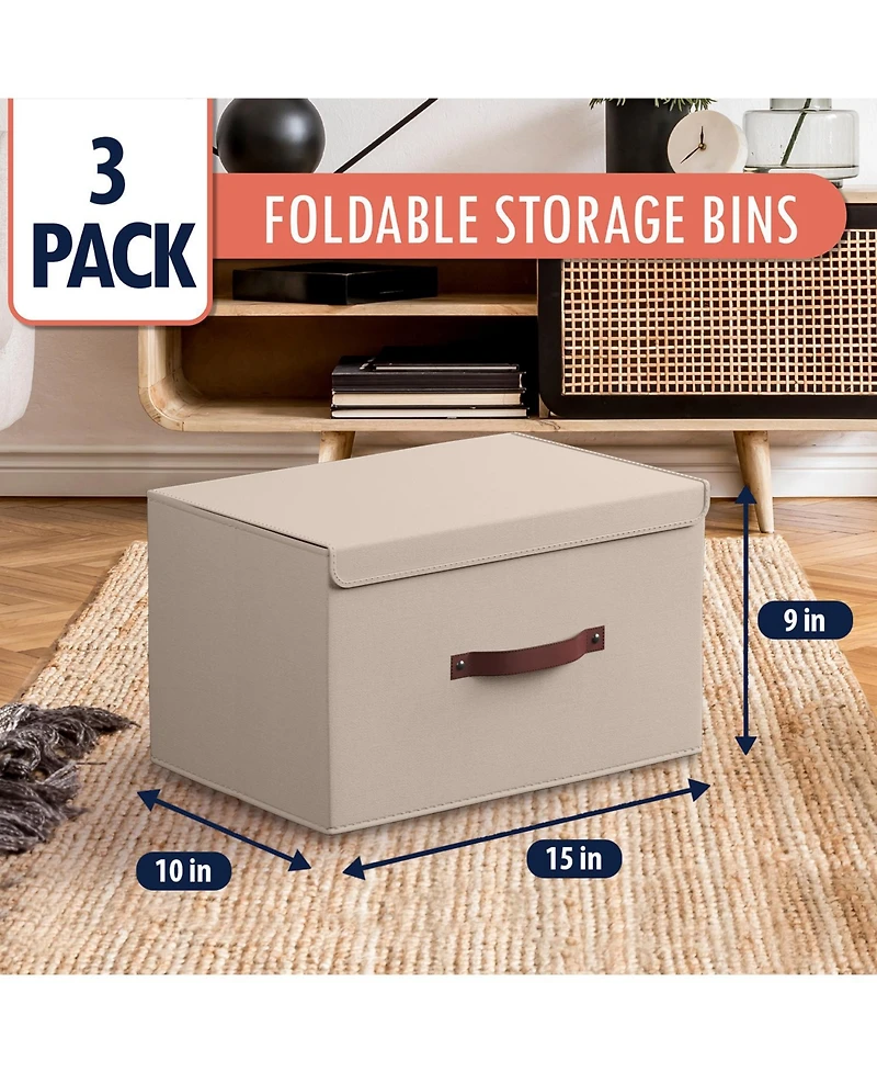 Ornavo Home Pack Foldable Linen Storage Bin with Faux Leather Handles and Lid